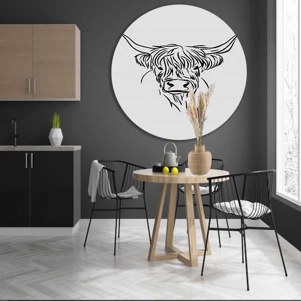 Minimalistische Schotse Hooglander in Zwart-Wit forex muurcirkel
