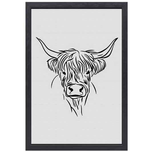 Minimalistische Schotse Hooglander in Zwart-Wit canvas met baklijst