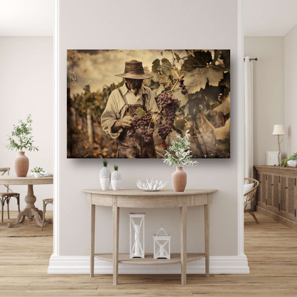 Oude wijnboer verzorgt zijn druiven canvas