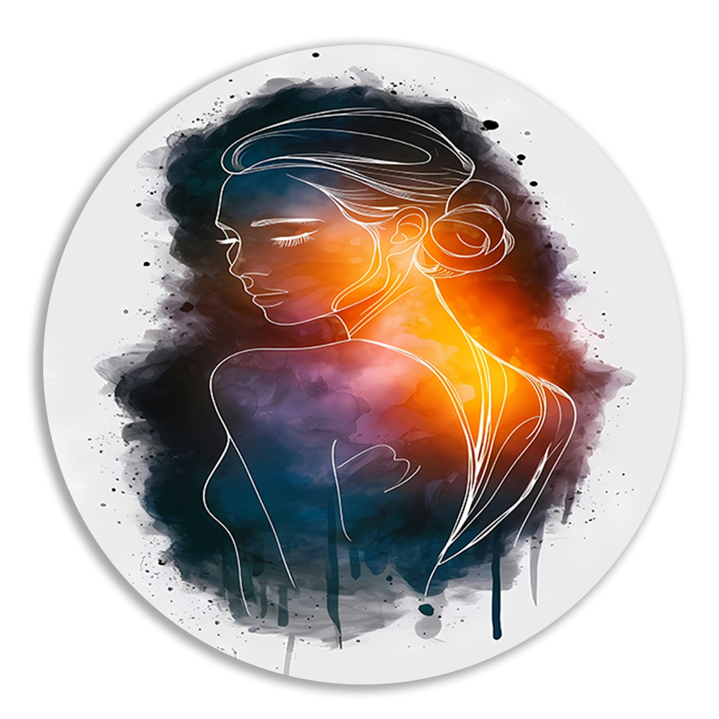 Vrouwensilhouet met kleurrijke achtergrondgradiënt aluminium muurcirkel