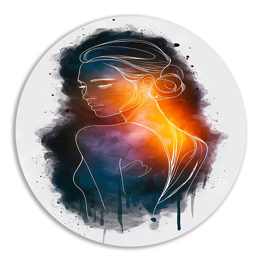 Vrouwensilhouet met kleurrijke achtergrondgradiënt aluminium muurcirkel