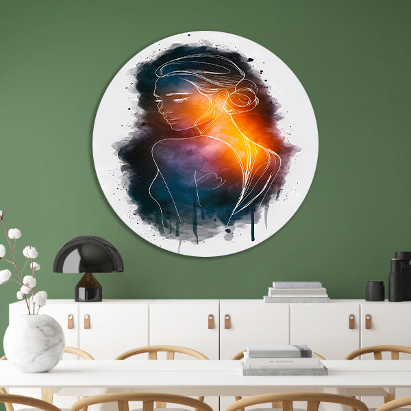 Vrouwensilhouet met kleurrijke achtergrondgradiënt aluminium muurcirkel