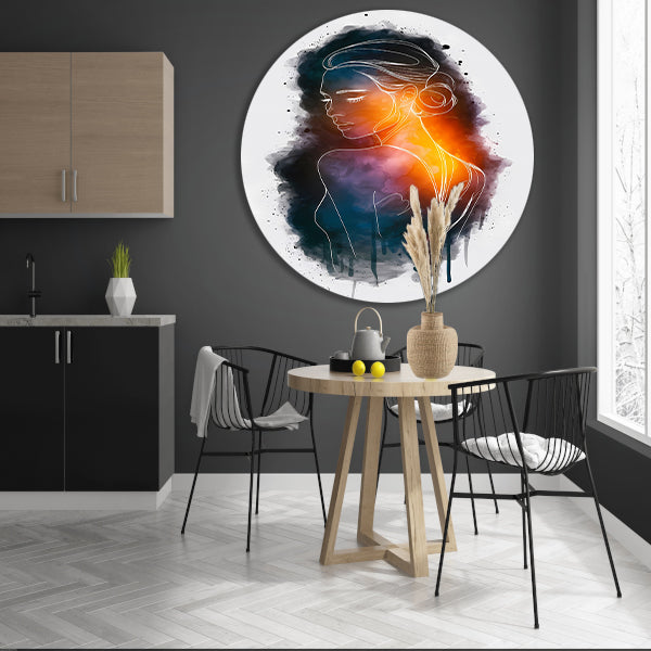 Vrouwensilhouet met kleurrijke achtergrondgradiënt aluminium muurcirkel