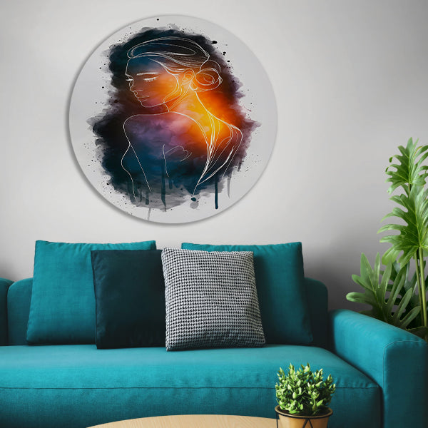 Vrouwensilhouet met kleurrijke achtergrondgradiënt aluminium muurcirkel