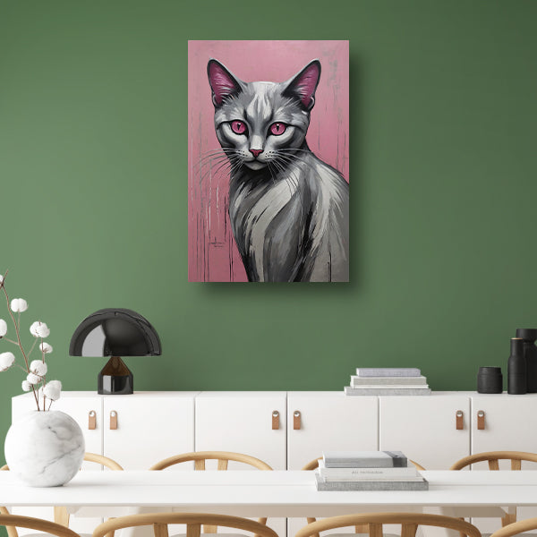Roze Ogen Zilveren Kat tegen Roze Achtergrond poster