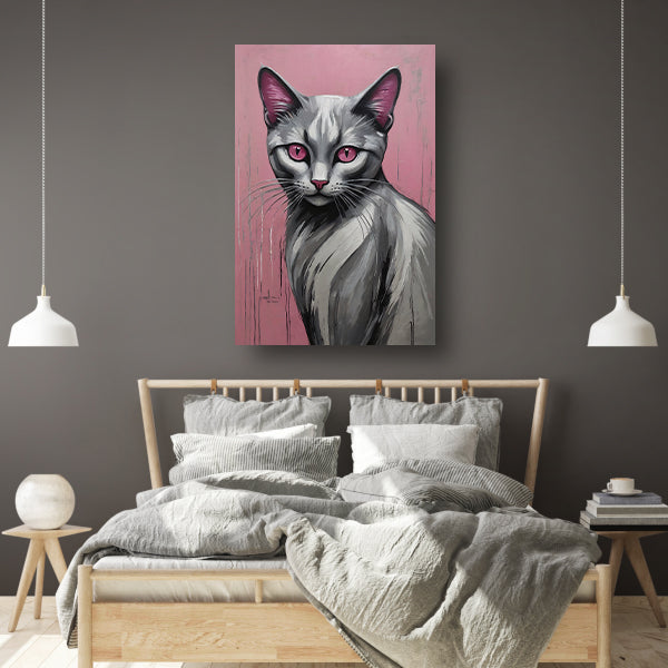 Roze Ogen Zilveren Kat tegen Roze Achtergrond poster