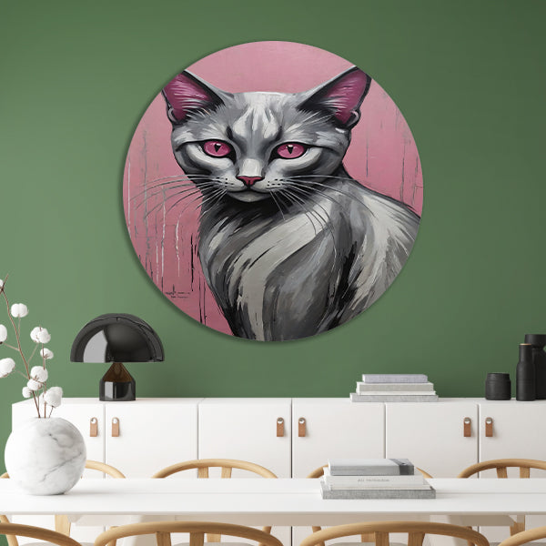 Roze Ogen Zilveren Kat tegen Roze Achtergrond aluminium muurcirkel