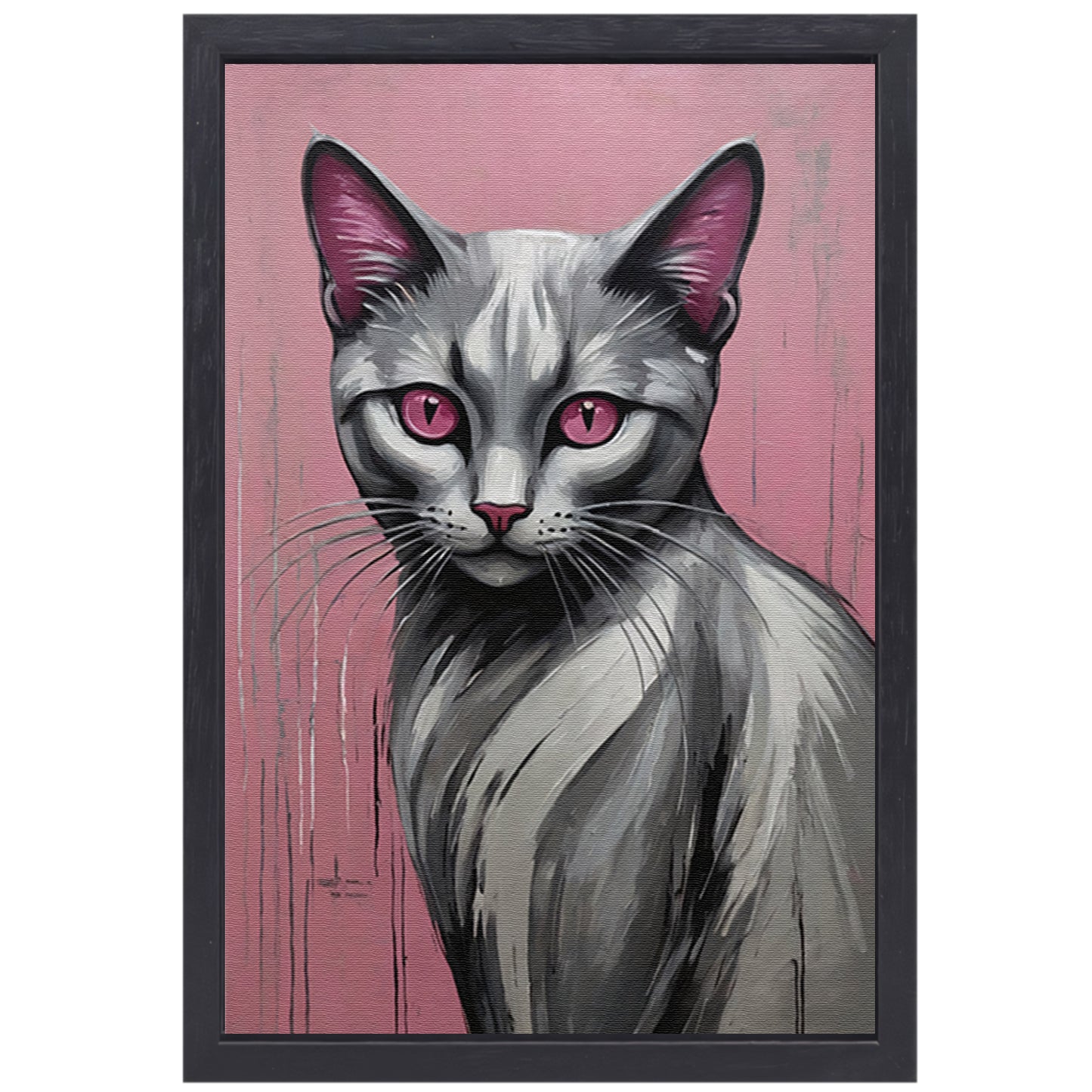 Roze Ogen Zilveren Kat tegen Roze Achtergrond canvas met baklijst