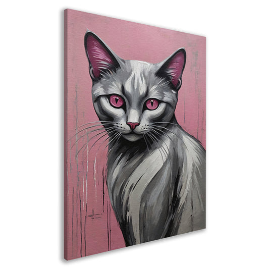 Roze Ogen Zilveren Kat tegen Roze Achtergrond canvas