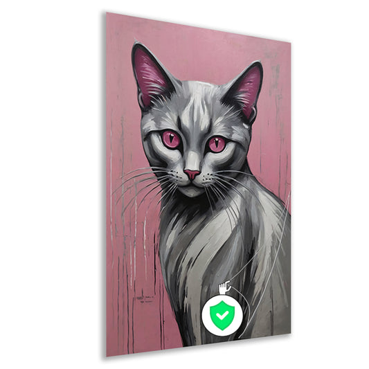 Roze Ogen Zilveren Kat tegen Roze Achtergrond poster