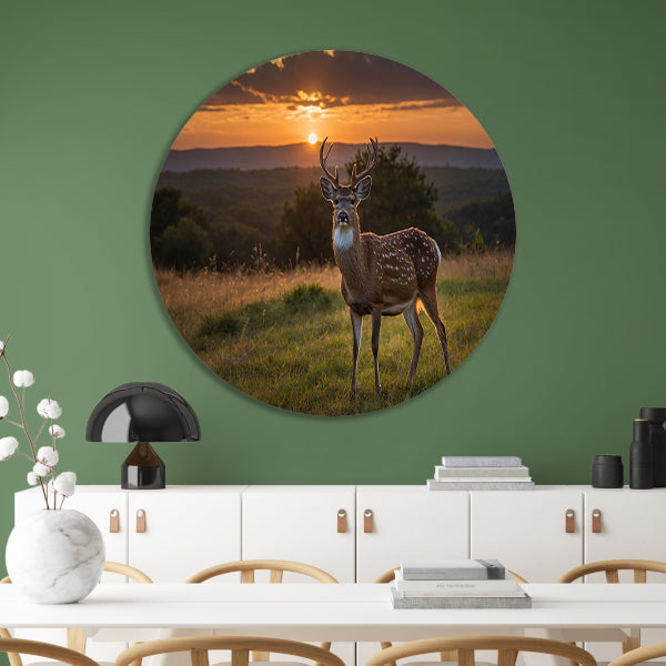 Hert in grasveld bij zonsondergang aluminium muurcirkel