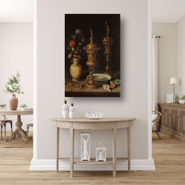 Stilleven met bloemen en vergulde bekers - Clara Peeters poster