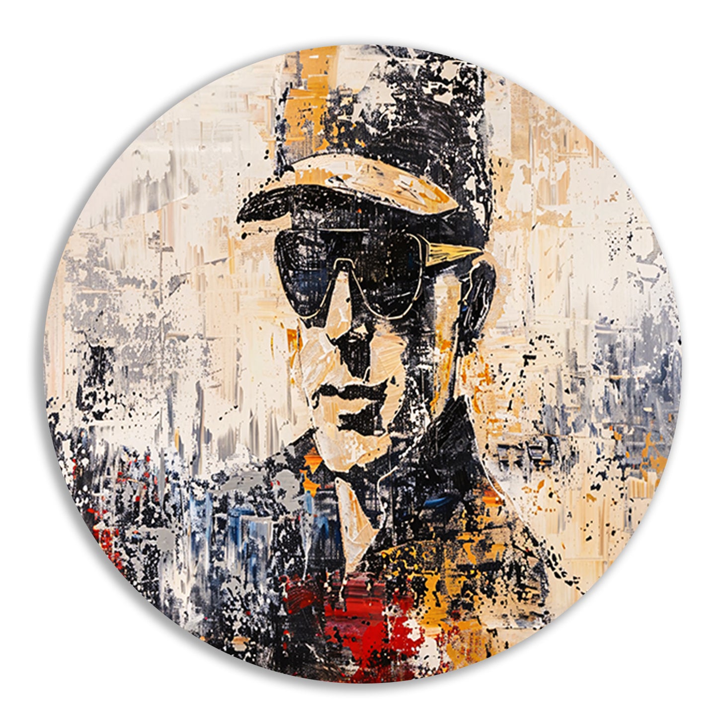 Abstract expressief portret met hoed en bril aluminium muurcirkel
