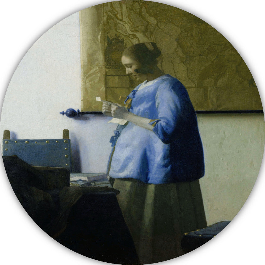 Vrouw in het blauw die een brief leest - Johannes Vermeer aluminium muurcirkel