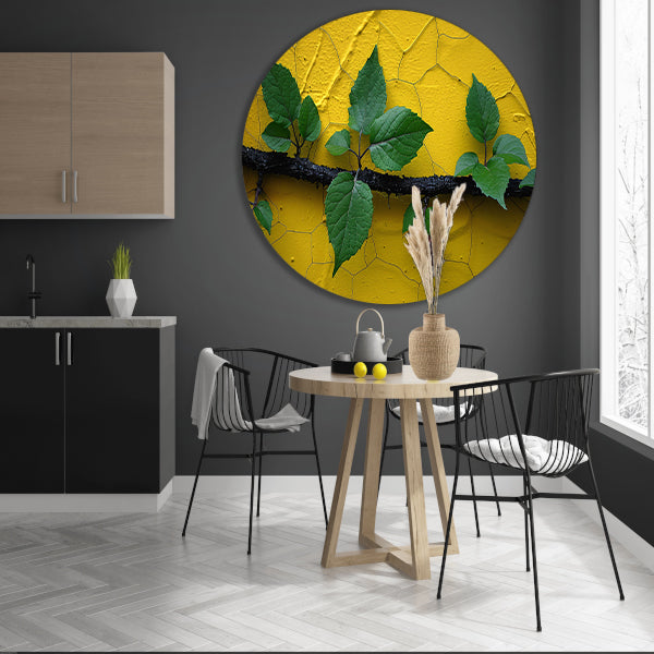 Minimalistisch tak op gele muur aluminium muurcirkel