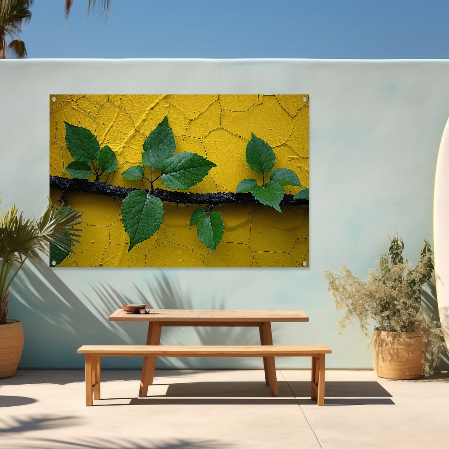 Minimalistisch tak op gele muur tuinposter