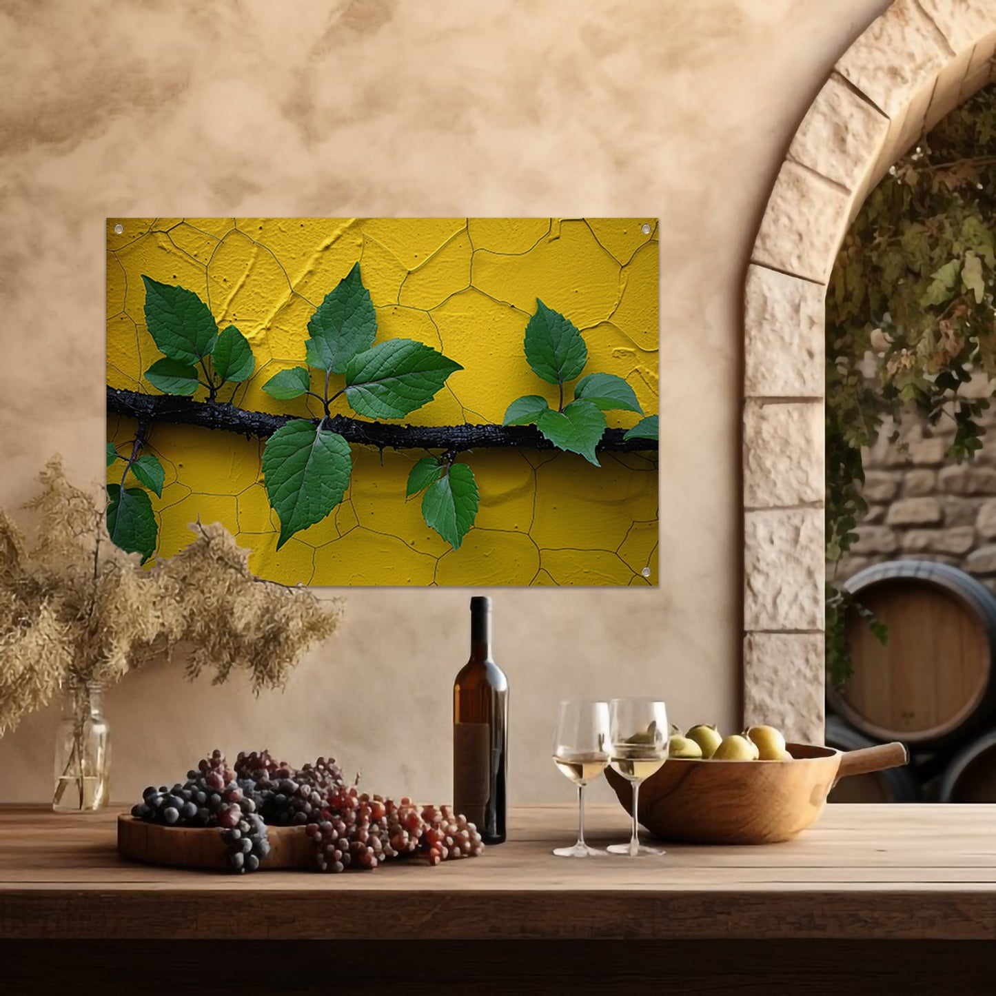 Minimalistisch tak op gele muur tuinposter