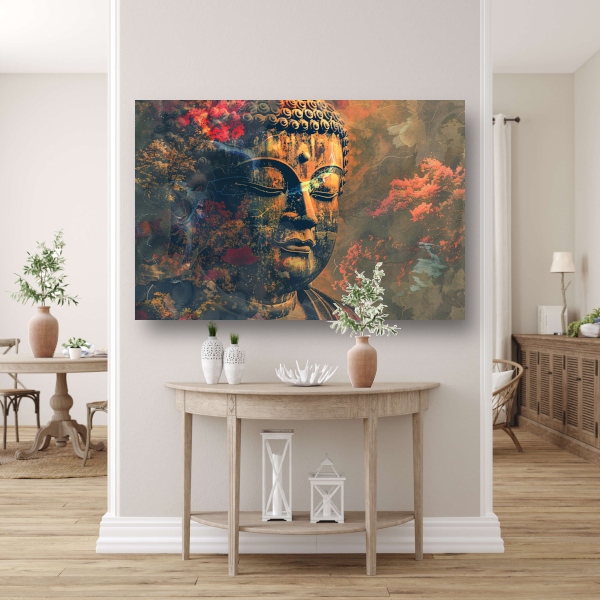 Boeddha in herfstpracht met kleurrijk bladerdek poster
