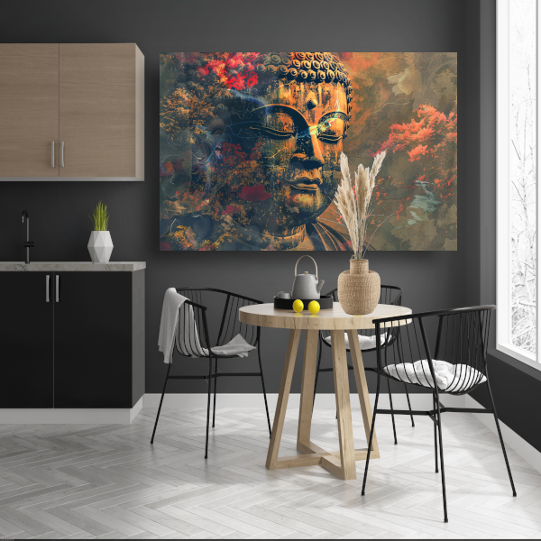 Boeddha in herfstpracht met kleurrijk bladerdek poster