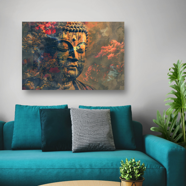 Boeddha in herfstpracht met kleurrijk bladerdek poster