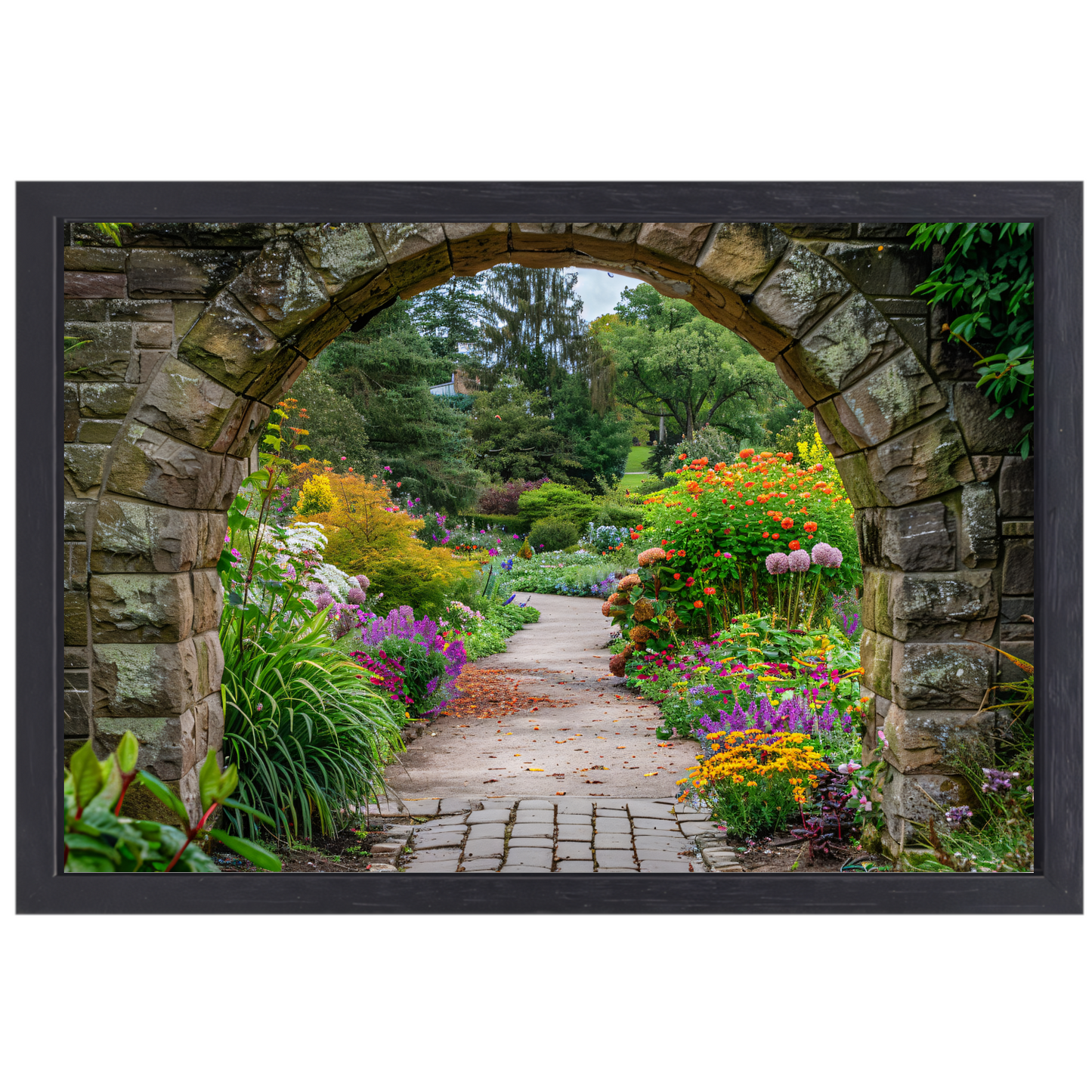 Kleurrijke Tuin door Stenen Boog canvas met baklijst