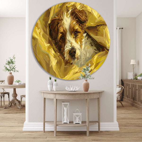 Geborgen hond genesteld in zachte doeken aluminium muurcirkel