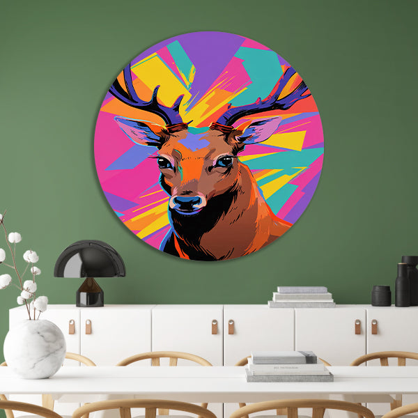Kleurrijk hert in popart-stijl met abstracte achtergrond forex muurcirkel