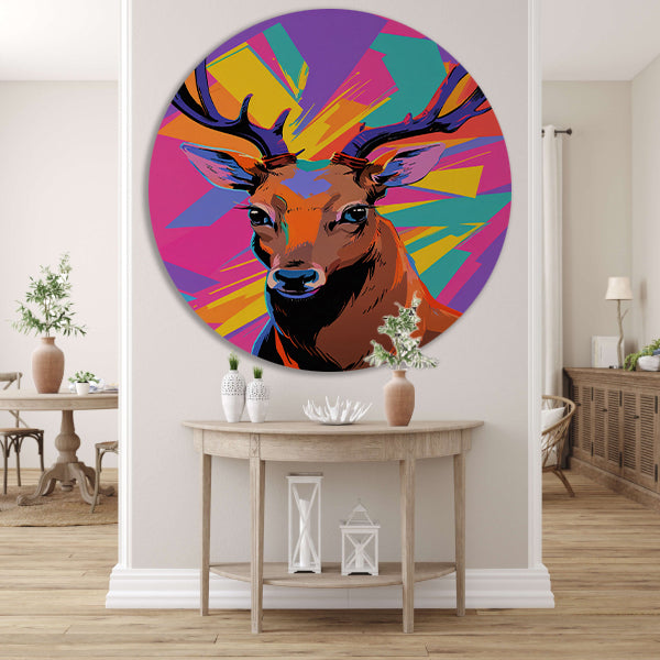 Kleurrijk hert in popart-stijl met abstracte achtergrond forex muurcirkel