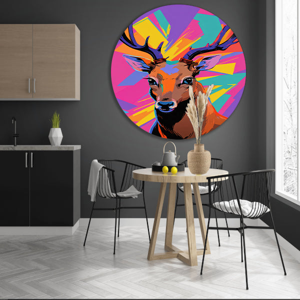 Kleurrijk hert in popart-stijl met abstracte achtergrond forex muurcirkel