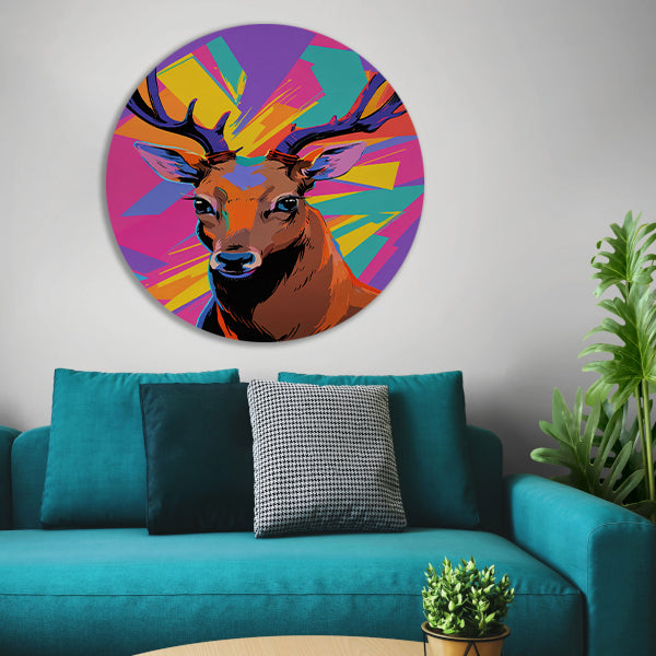 Kleurrijk hert in popart-stijl met abstracte achtergrond forex muurcirkel
