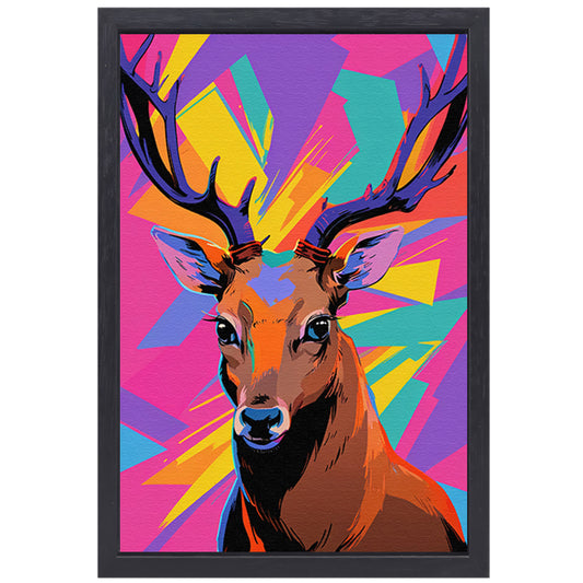 Kleurrijk hert in popart-stijl met abstracte achtergrond canvas met baklijst
