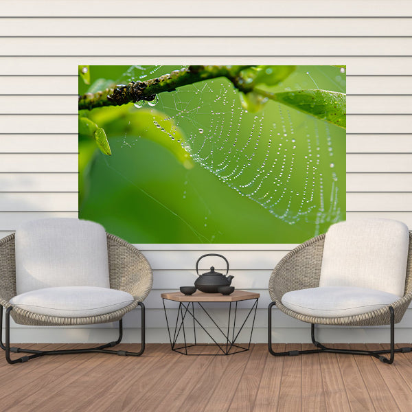 Close-up van dauw op spinnenweb met bladeren tuinposter
