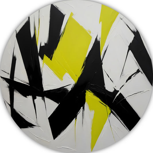 Zwart, wit en geel dynamisch abstract aluminium muurcirkel