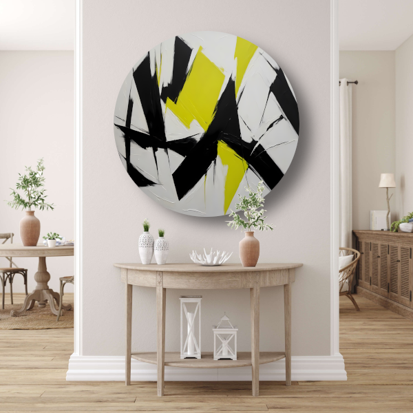 Zwart, wit en geel dynamisch abstract forex muurcirkel