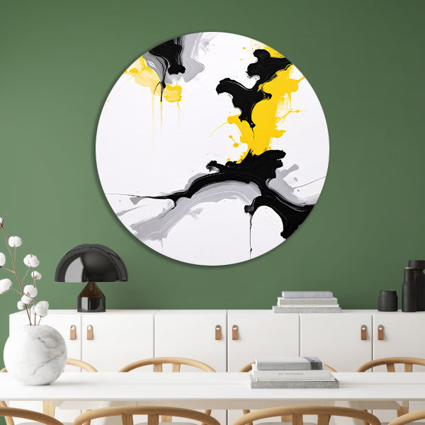 Dynamische Abstractie in Zwart en Geel aluminium muurcirkel