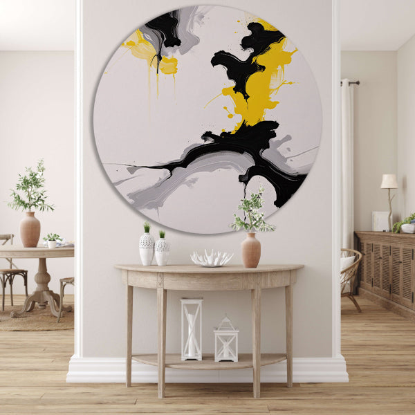 Dynamische Abstractie in Zwart en Geel aluminium muurcirkel