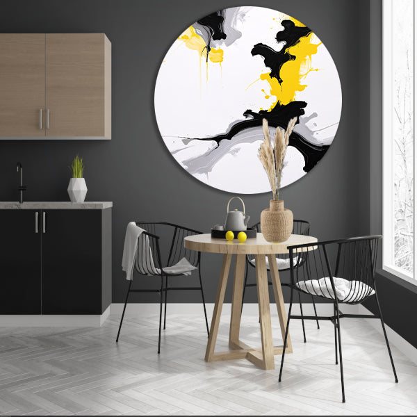 Dynamische Abstractie in Zwart en Geel aluminium muurcirkel