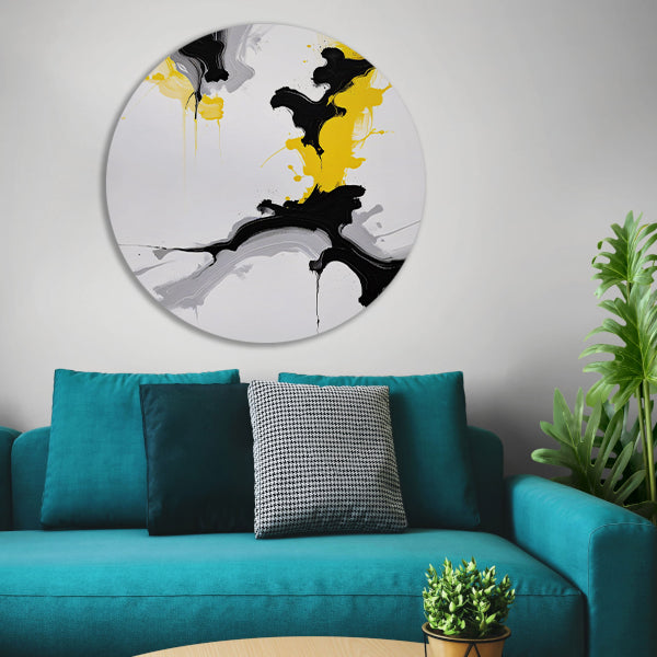 Dynamische Abstractie in Zwart en Geel aluminium muurcirkel