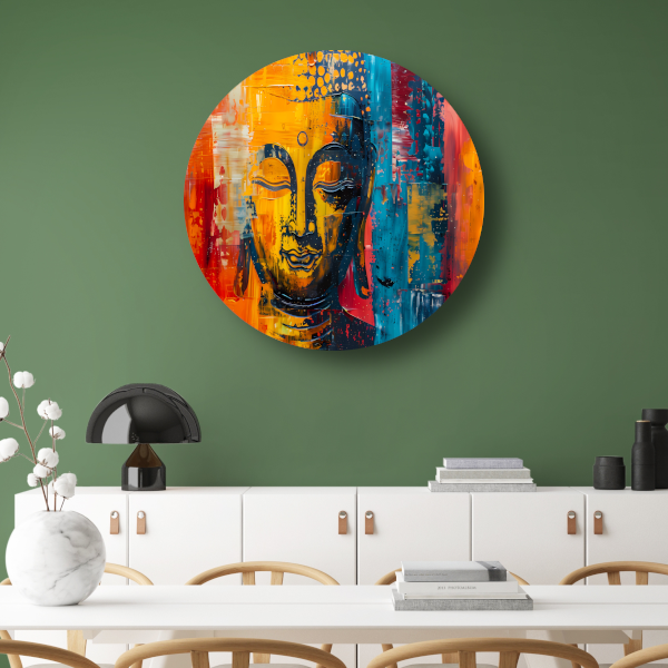 Abstracte Boeddha in Kleur met Dynamische Verf Stijlen aluminium muurcirkel