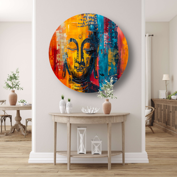 Abstracte Boeddha in Kleur met Dynamische Verf Stijlen aluminium muurcirkel