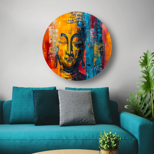 Abstracte Boeddha in Kleur met Dynamische Verf Stijlen aluminium muurcirkel
