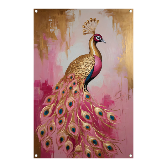 Elegante Gouden Pauw op Roze Achtergrond tuinposter