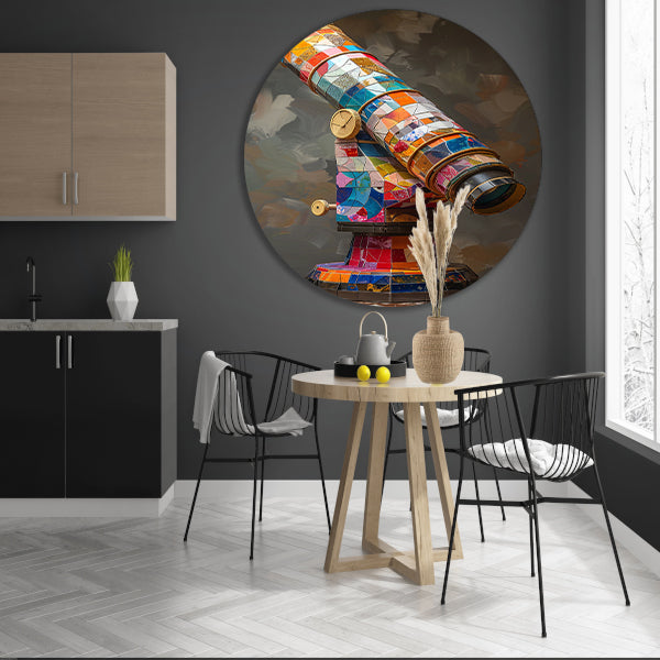 Kleurrijk Pop Art Telescoop op Statief aluminium muurcirkel