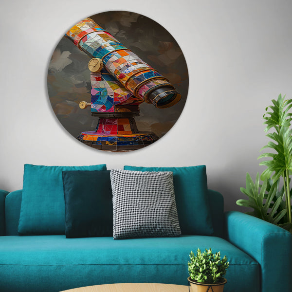 Kleurrijk Pop Art Telescoop op Statief aluminium muurcirkel