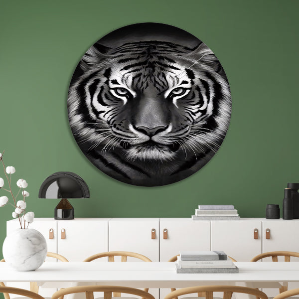 Monochroom Portret van een Majestueuze Tijger aluminium muurcirkel