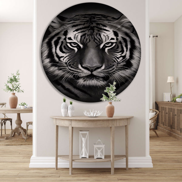 Monochroom Portret van een Majestueuze Tijger aluminium muurcirkel