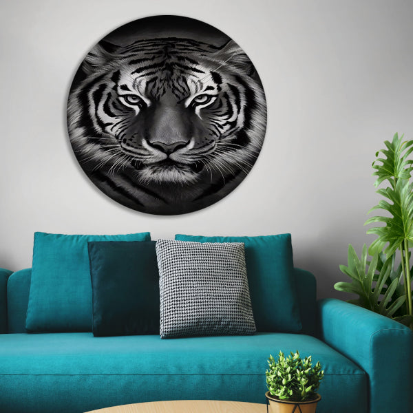 Monochroom Portret van een Majestueuze Tijger aluminium muurcirkel