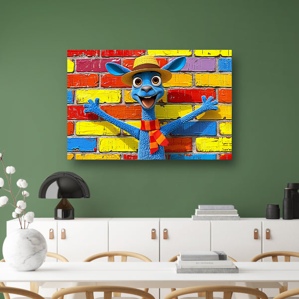 Blije blauwe kangoeroe voor kleurrijke muur canvas met baklijst