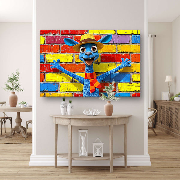 Blije blauwe kangoeroe voor kleurrijke muur canvas met baklijst