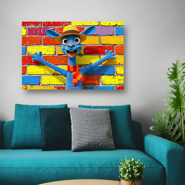 Blije blauwe kangoeroe voor kleurrijke muur canvas met baklijst